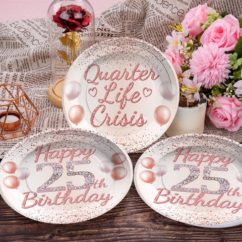 96 Pcs Rose Gold 25th Birthday Party Plates and Napkins - Grencian
