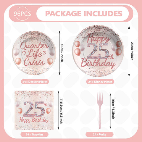 96 Pcs Rose Gold 25th Birthday Party Plates and Napkins - Grencian