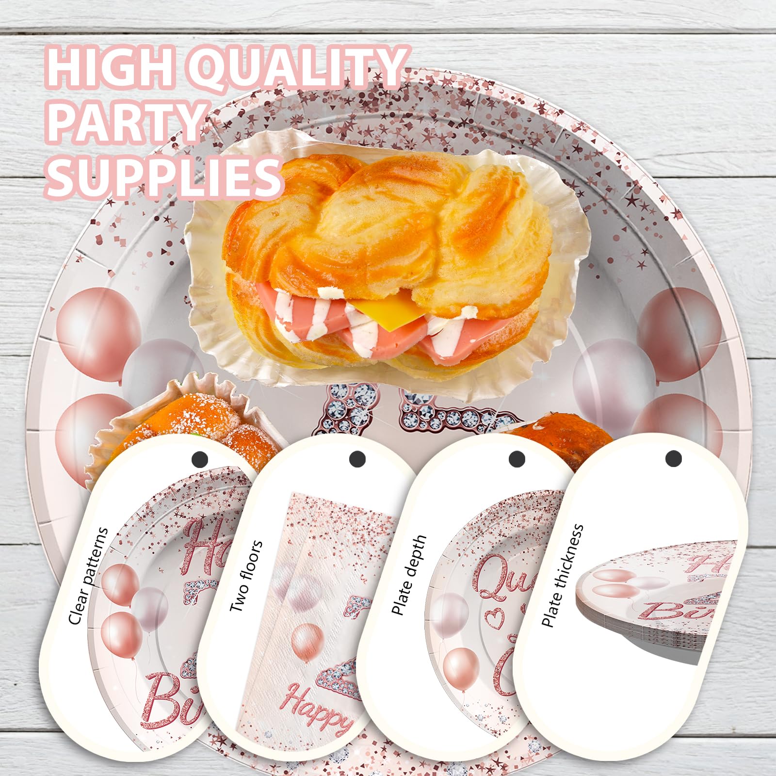 96 Pcs Rose Gold 25th Birthday Party Plates and Napkins - Grencian