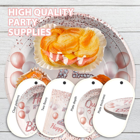 96 Pcs Rose Gold 25th Birthday Party Plates and Napkins - Grencian