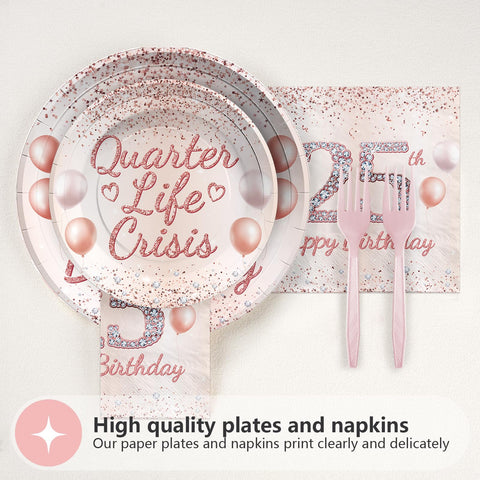 96 Pcs Rose Gold 25th Birthday Party Plates and Napkins - Grencian