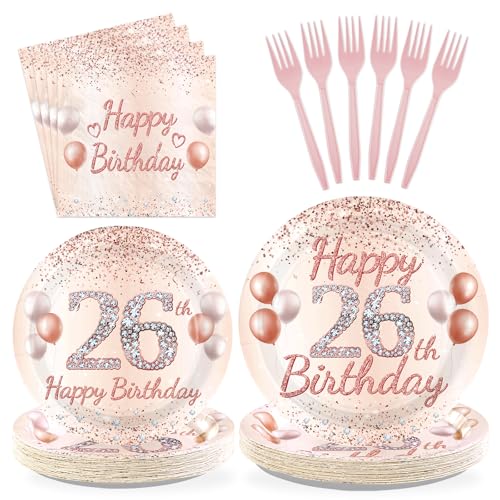 96 Pcs Rose Gold 26th Birthday Party Plates and Napkins - Grencian
