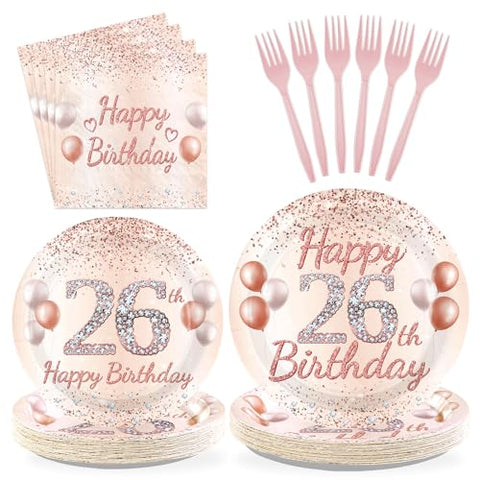 96 Pcs Rose Gold 26th Birthday Party Plates and Napkins - Grencian