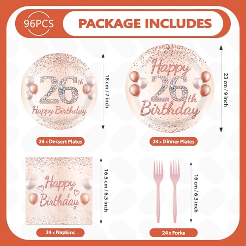 96 Pcs Rose Gold 26th Birthday Party Plates and Napkins - Grencian