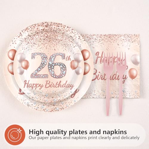 96 Pcs Rose Gold 26th Birthday Party Plates and Napkins - Grencian