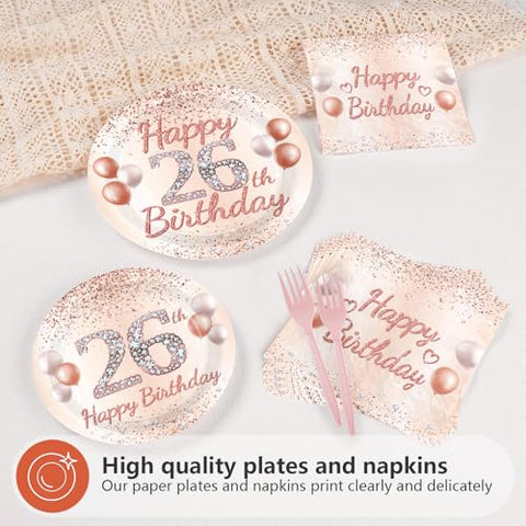 96 Pcs Rose Gold 26th Birthday Party Plates and Napkins - Grencian