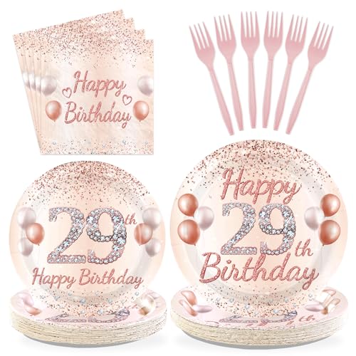 96 Pcs Rose Gold 29th Birthday Party Plates and Napkins - Grencian