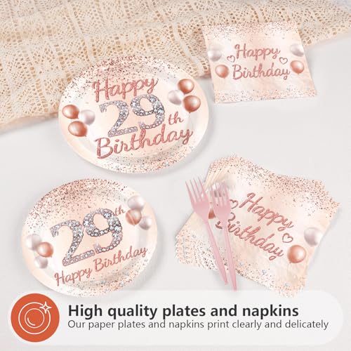 96 Pcs Rose Gold 29th Birthday Party Plates and Napkins - Grencian