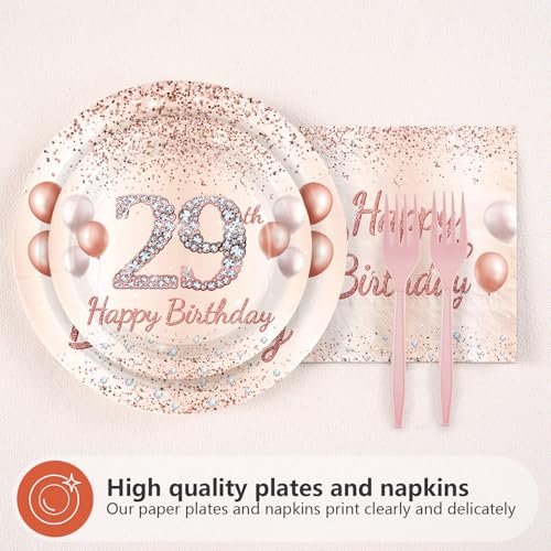 96 Pcs Rose Gold 29th Birthday Party Plates and Napkins - Grencian