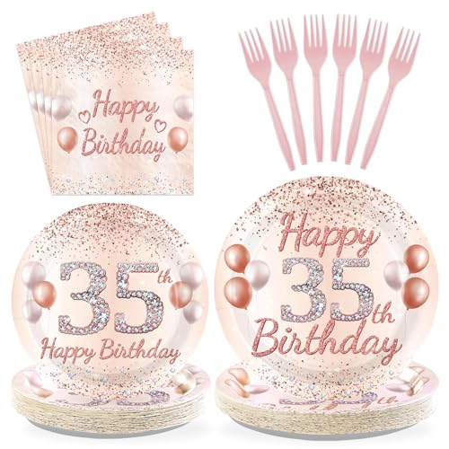 96 Pcs Rose Gold 35th Birthday Party Plates and Napkins - Grencian
