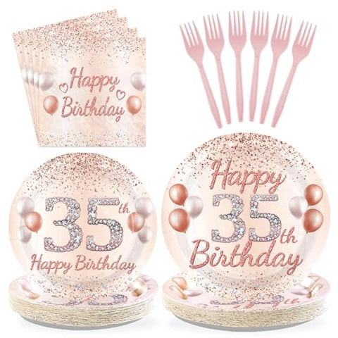 96 Pcs Rose Gold 35th Birthday Party Plates and Napkins - Grencian