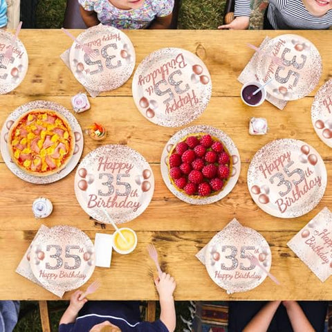 96 Pcs Rose Gold 35th Birthday Party Plates and Napkins - Grencian