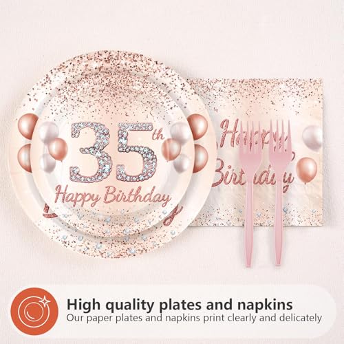 96 Pcs Rose Gold 35th Birthday Party Plates and Napkins - Grencian
