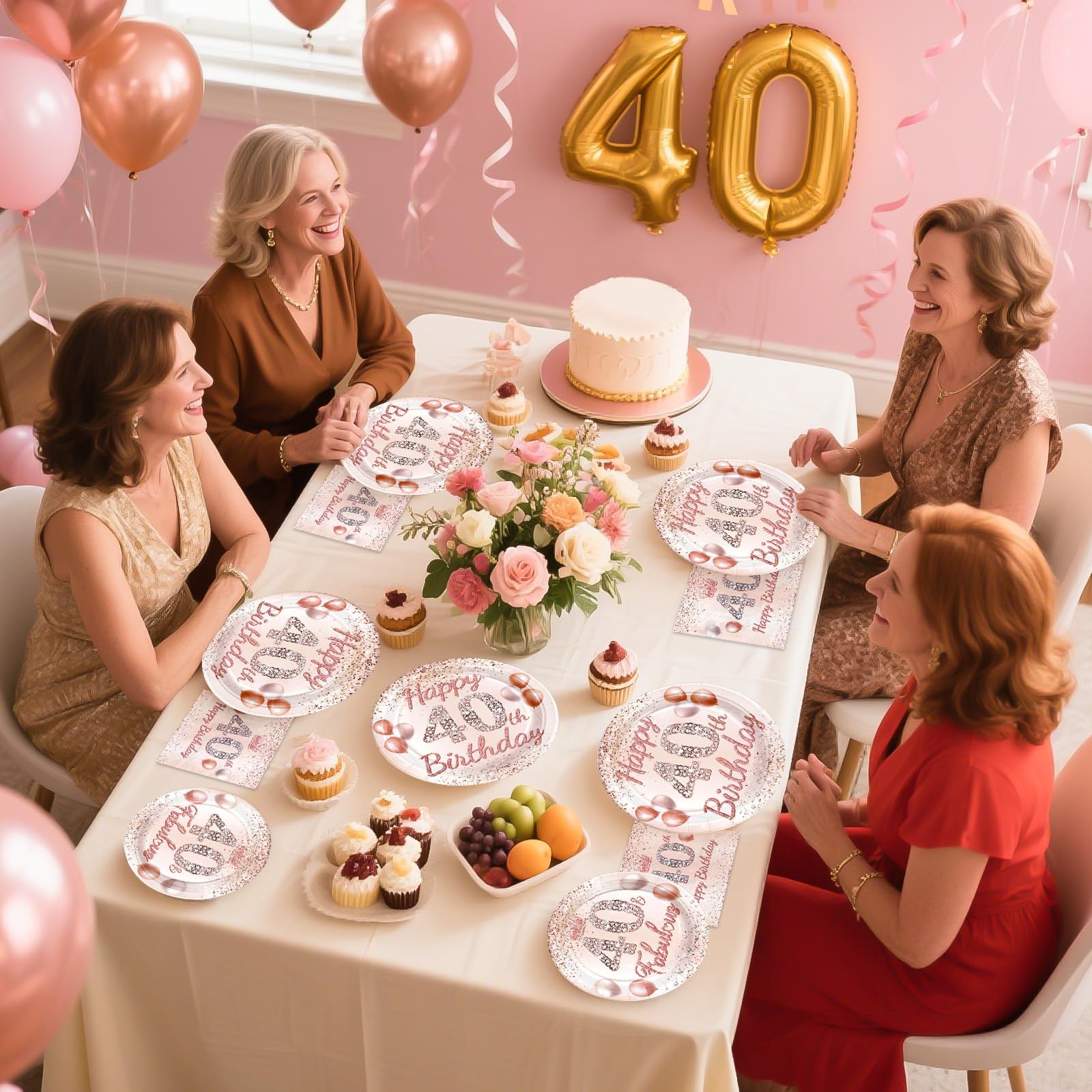 96 Pcs Rose Gold 40th Birthday Party Plates and Napkins - Grencian