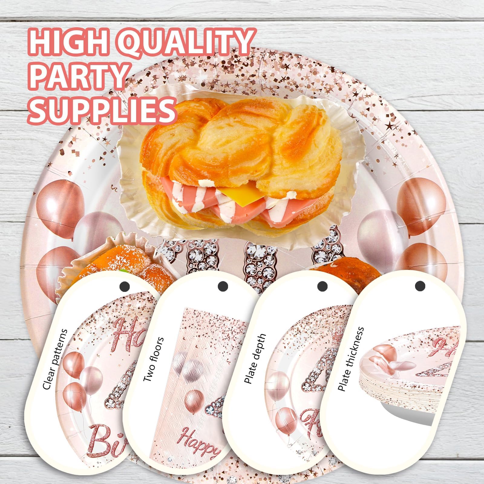 96 Pcs Rose Gold 40th Birthday Party Plates and Napkins - Grencian