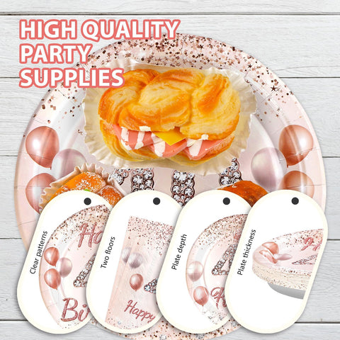 96 Pcs Rose Gold 40th Birthday Party Plates and Napkins - Grencian