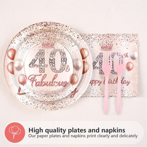 96 Pcs Rose Gold 40th Birthday Party Plates and Napkins - Grencian