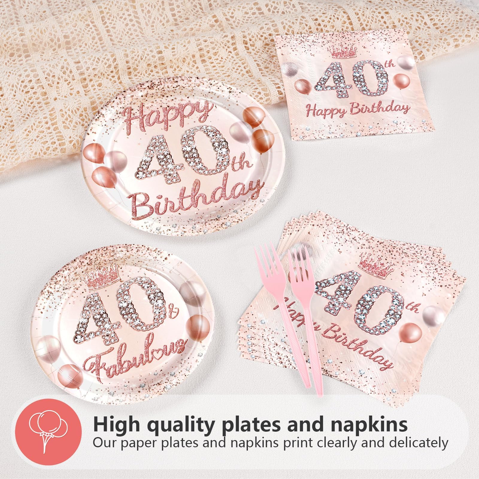 96 Pcs Rose Gold 40th Birthday Party Plates and Napkins - Grencian