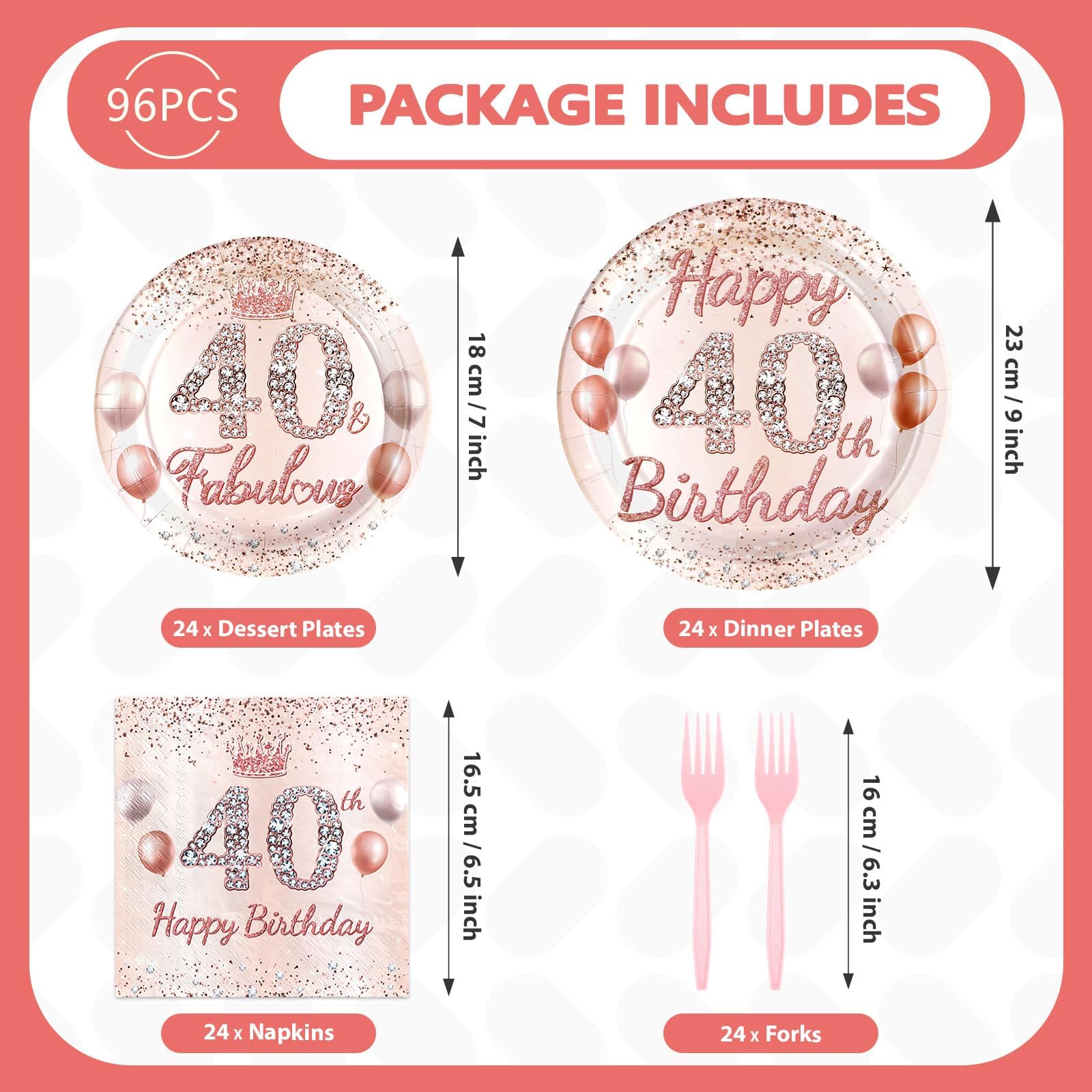 96 Pcs Rose Gold 40th Birthday Party Plates and Napkins - Grencian