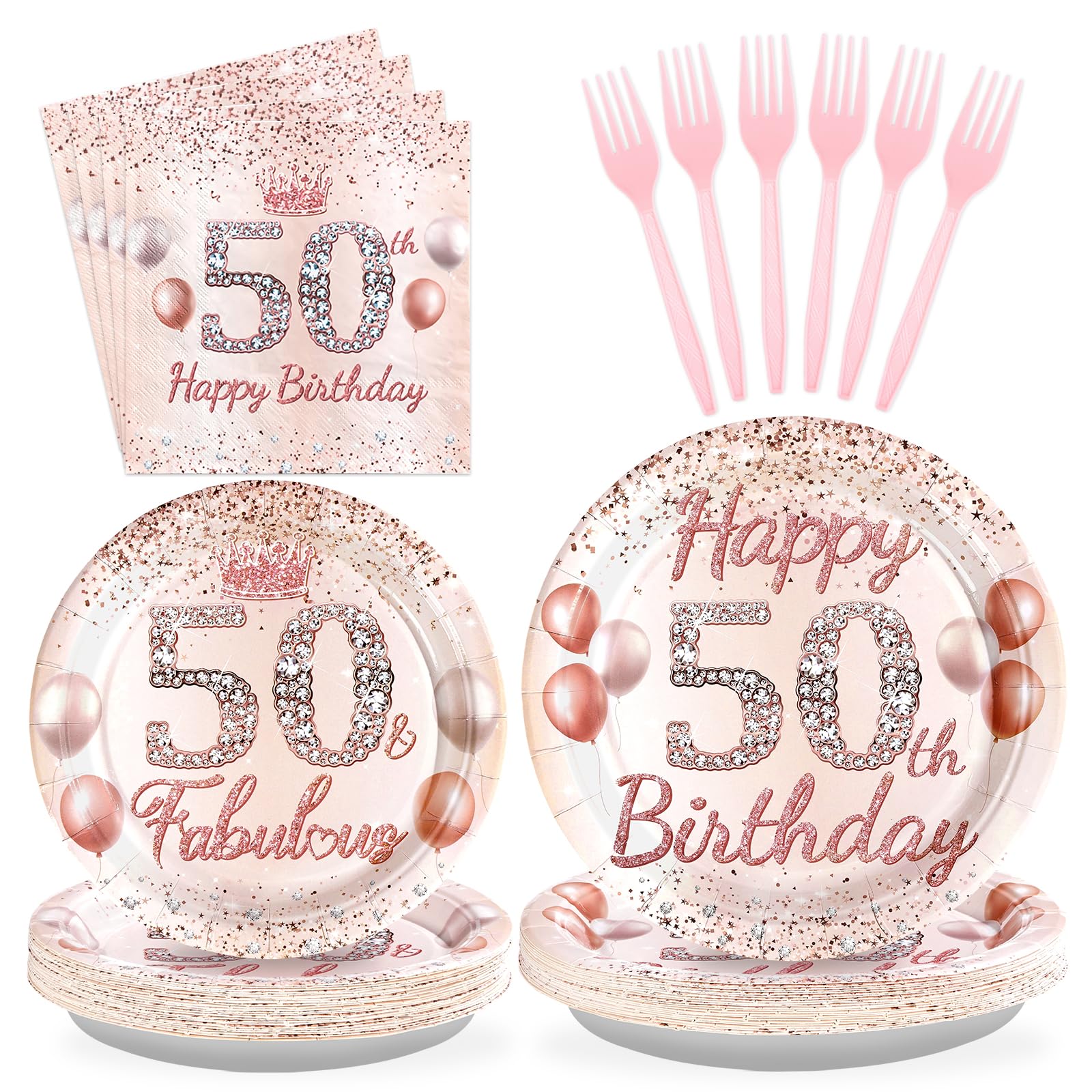 96 Pcs Rose Gold 50th Birthday Party Plates and Napkins - Grencian