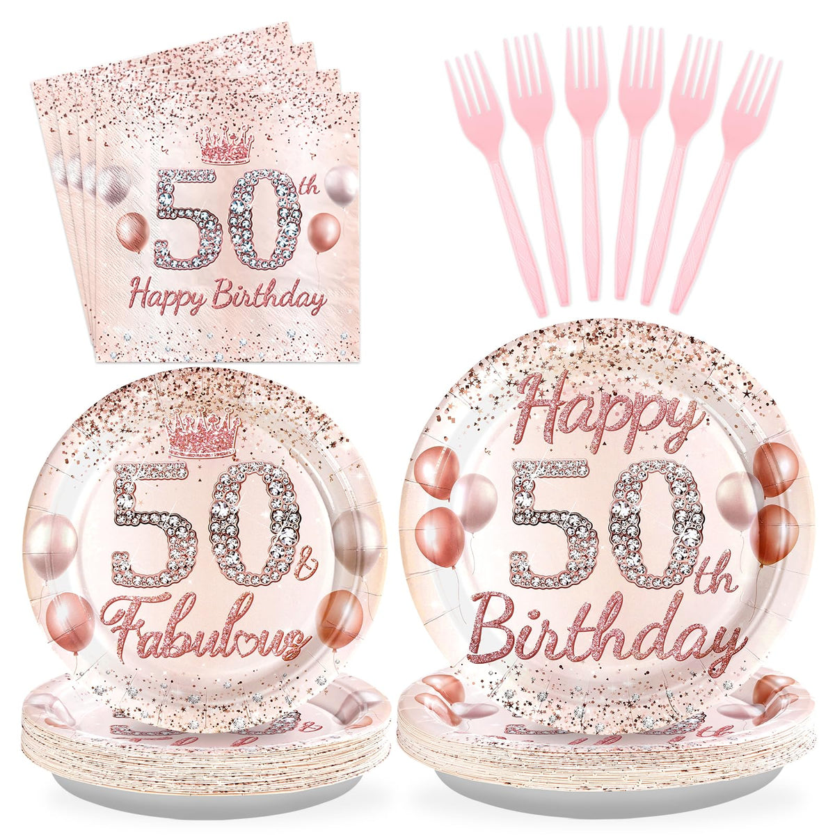 96 Pcs Rose Gold 50th Birthday Party Plates and Napkins - Grencian