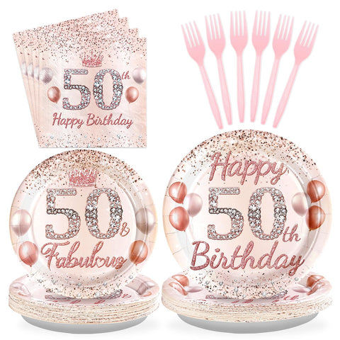 96 Pcs Rose Gold 50th Birthday Party Plates and Napkins - Grencian