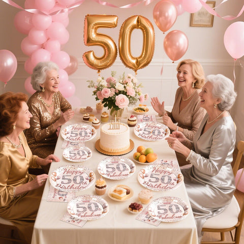 96 Pcs Rose Gold 50th Birthday Party Plates and Napkins - Grencian