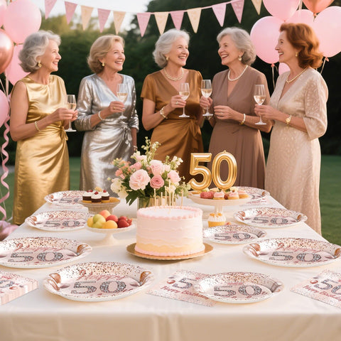 96 Pcs Rose Gold 50th Birthday Party Plates and Napkins - Grencian