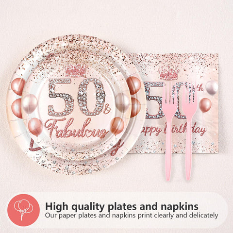 96 Pcs Rose Gold 50th Birthday Party Plates and Napkins - Grencian