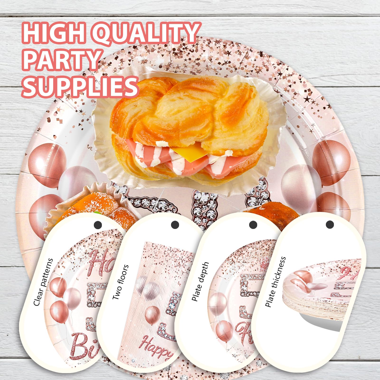 96 Pcs Rose Gold 50th Birthday Party Plates and Napkins - Grencian