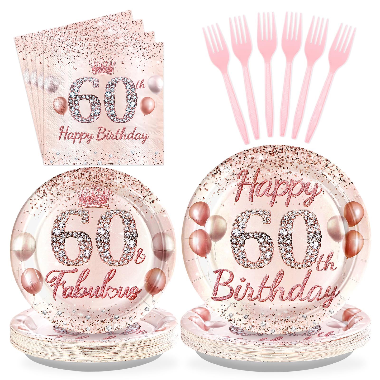 96 Pcs Rose Gold 60th Birthday Party Plates and Napkins - Grencian