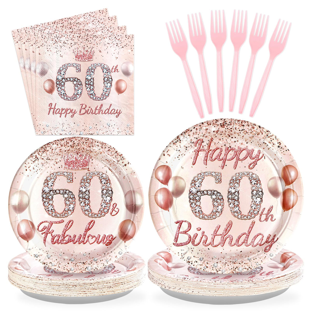 96 Pcs Rose Gold 60th Birthday Party Plates and Napkins - Grencian