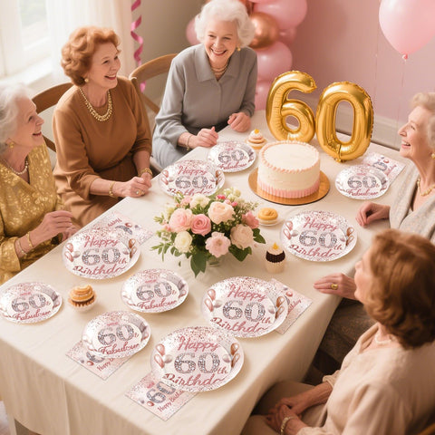 96 Pcs Rose Gold 60th Birthday Party Plates and Napkins - Grencian