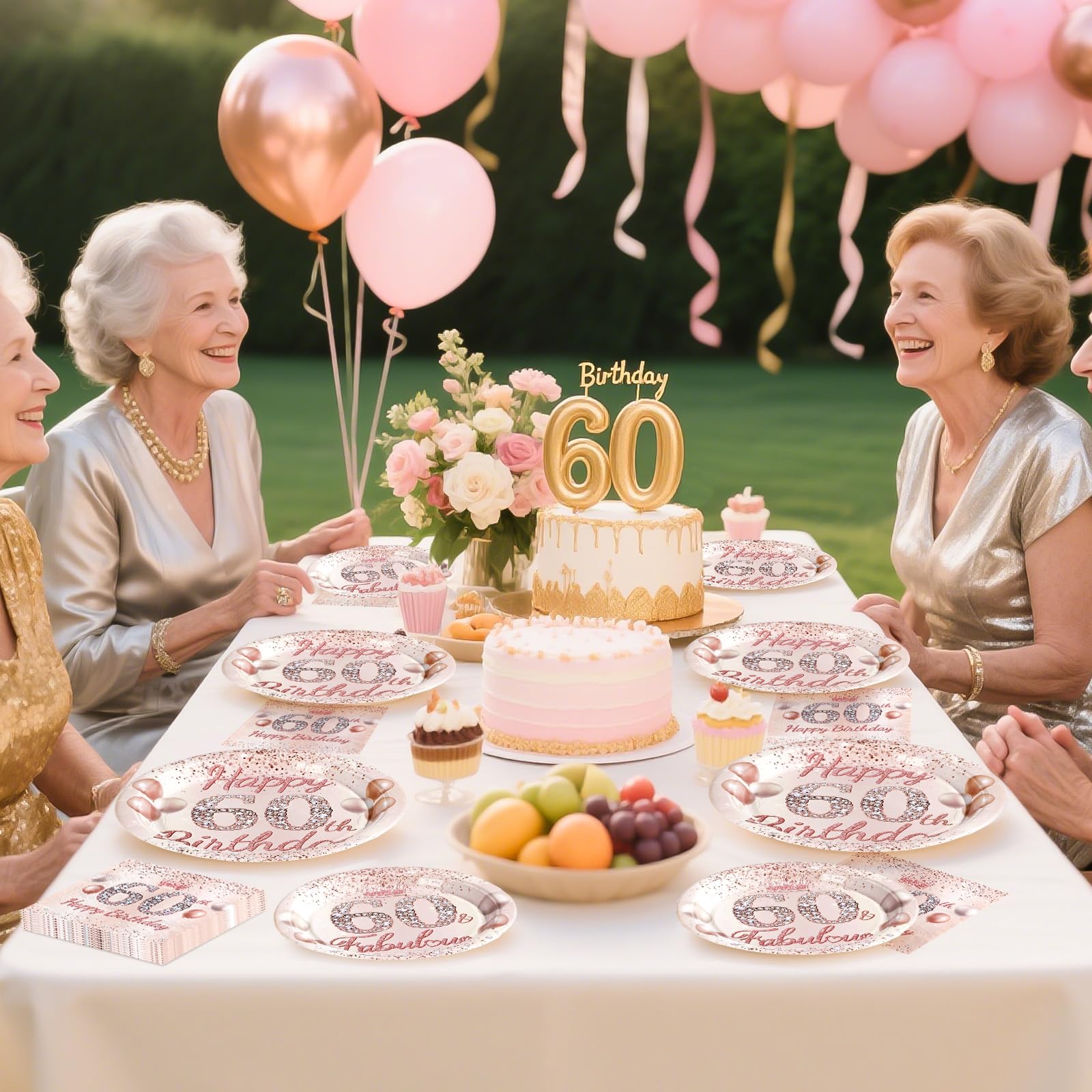 96 Pcs Rose Gold 60th Birthday Party Plates and Napkins - Grencian