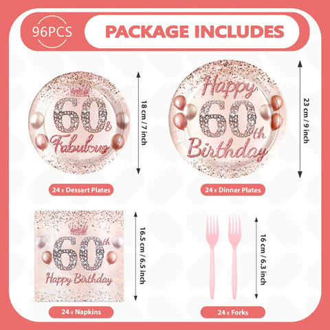 96 Pcs Rose Gold 60th Birthday Party Plates and Napkins - Grencian