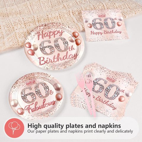 96 Pcs Rose Gold 60th Birthday Party Plates and Napkins - Grencian