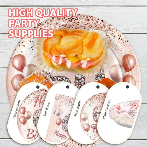 96 Pcs Rose Gold 60th Birthday Party Plates and Napkins - Grencian