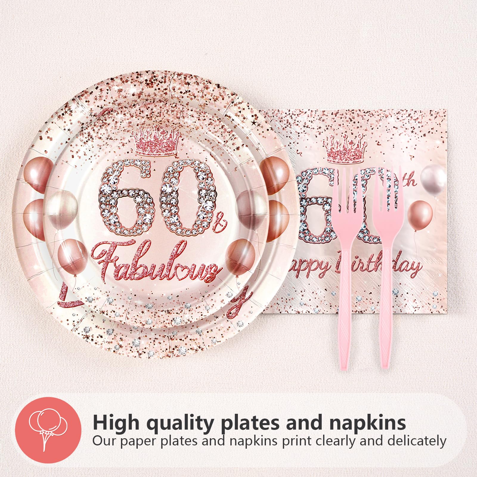 96 Pcs Rose Gold 60th Birthday Party Plates and Napkins - Grencian