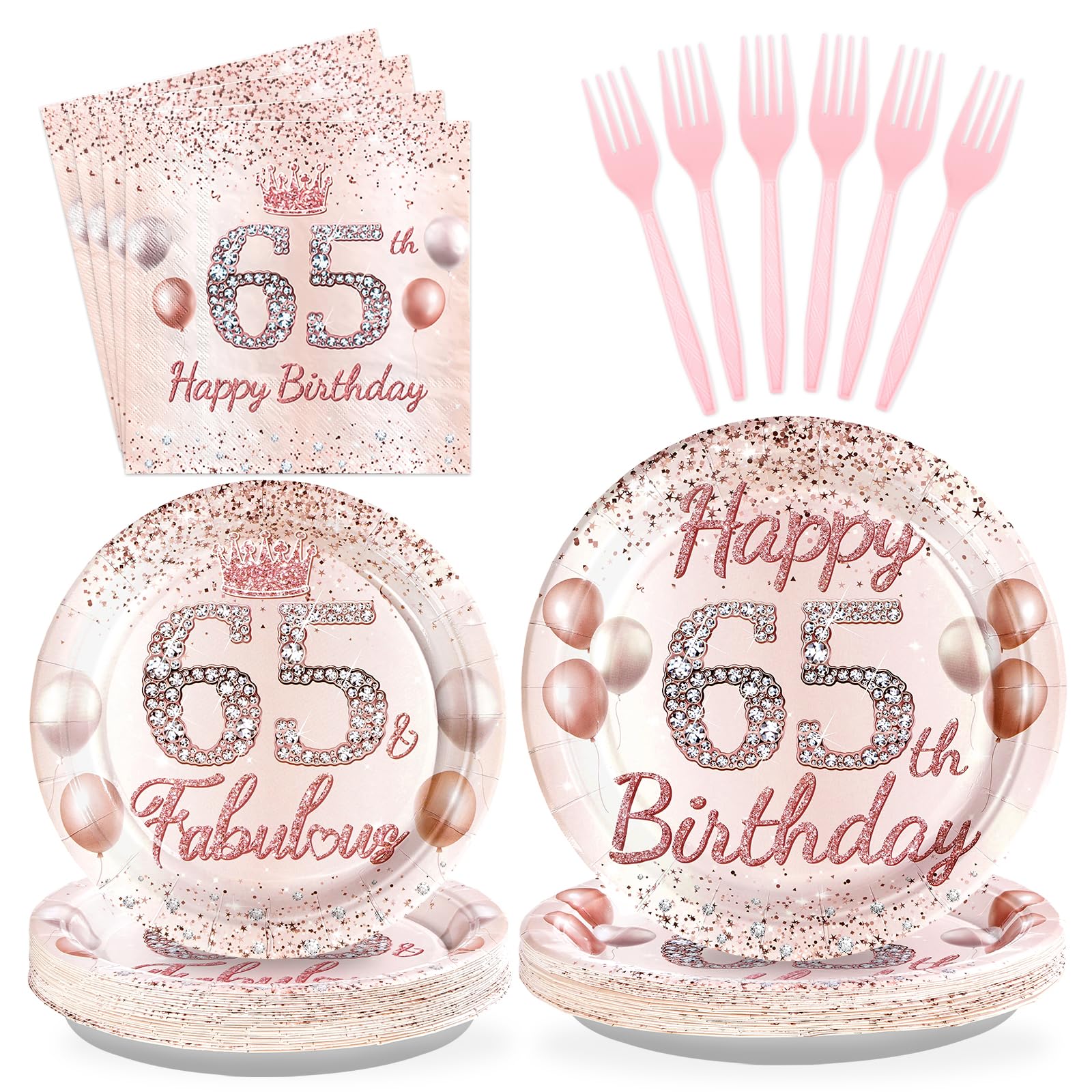 96 Pcs Rose Gold 65th Birthday Party Plates and Napkins - Grencian