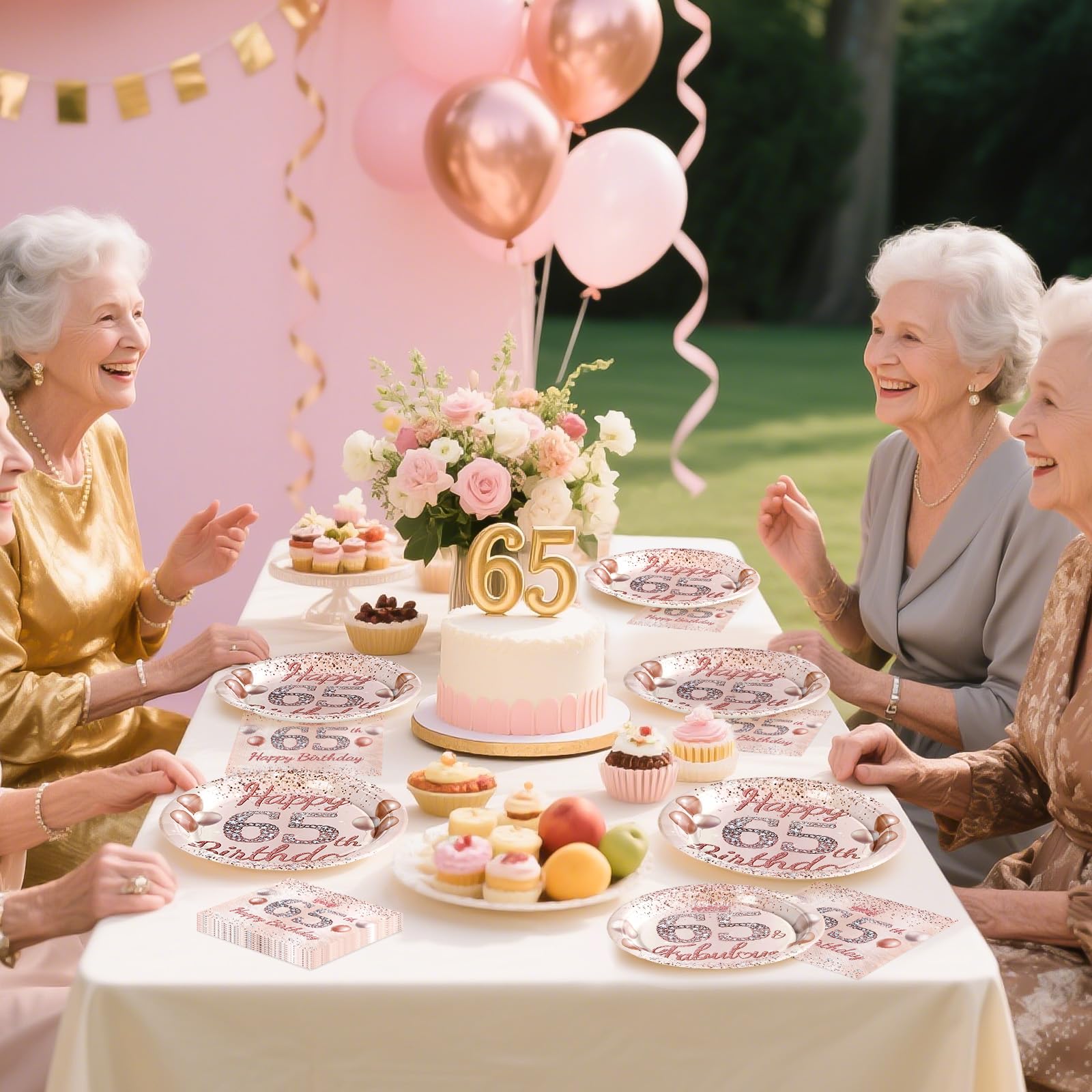 96 Pcs Rose Gold 65th Birthday Party Plates and Napkins - Grencian