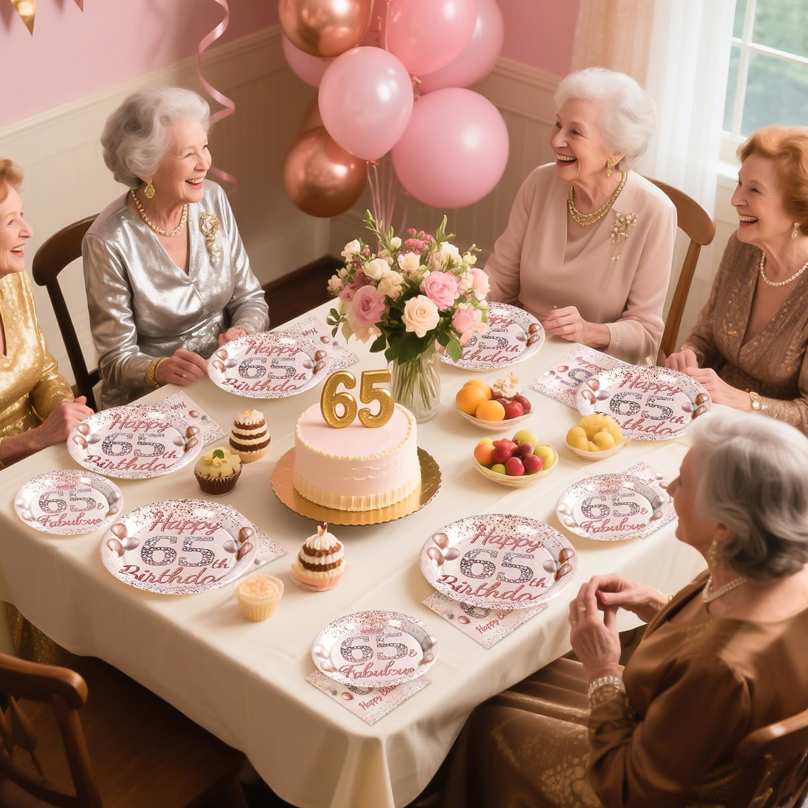96 Pcs Rose Gold 65th Birthday Party Plates and Napkins - Grencian