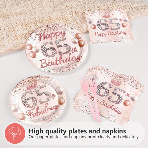 96 Pcs Rose Gold 65th Birthday Party Plates and Napkins - Grencian