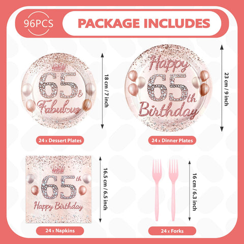 96 Pcs Rose Gold 65th Birthday Party Plates and Napkins - Grencian
