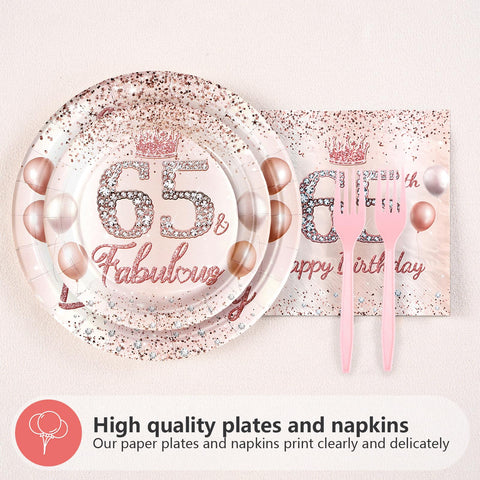 96 Pcs Rose Gold 65th Birthday Party Plates and Napkins - Grencian