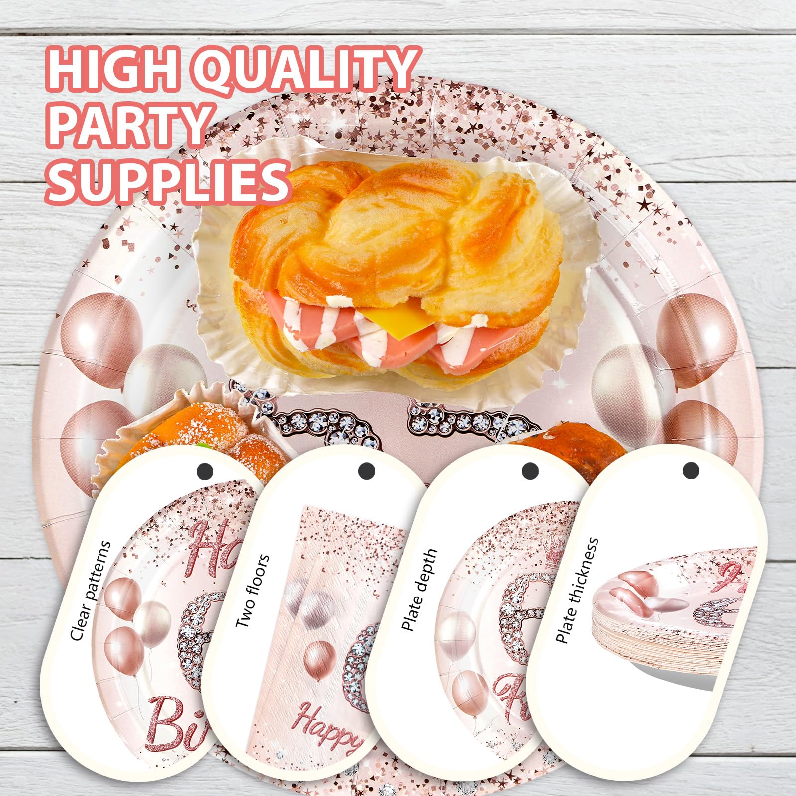 96 Pcs Rose Gold 65th Birthday Party Plates and Napkins - Grencian