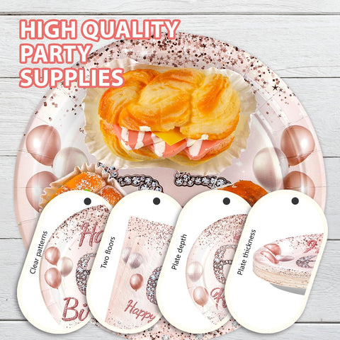 96 Pcs Rose Gold 65th Birthday Party Plates and Napkins - Grencian