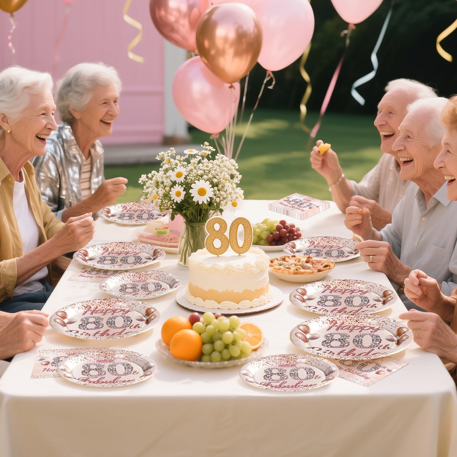 96 Pcs Rose Gold 80th Birthday Party Plates and Napkins - Grencian