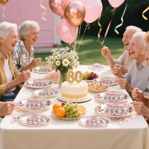 96 Pcs Rose Gold 80th Birthday Party Plates and Napkins - Grencian