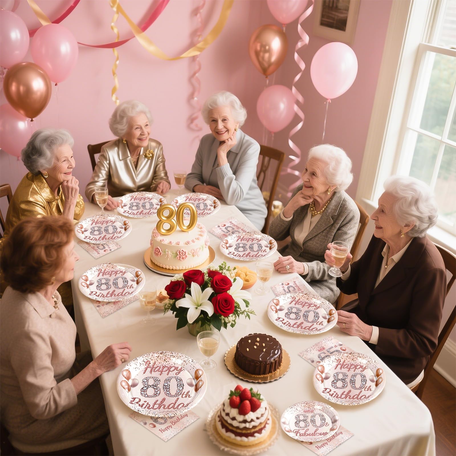 96 Pcs Rose Gold 80th Birthday Party Plates and Napkins - Grencian