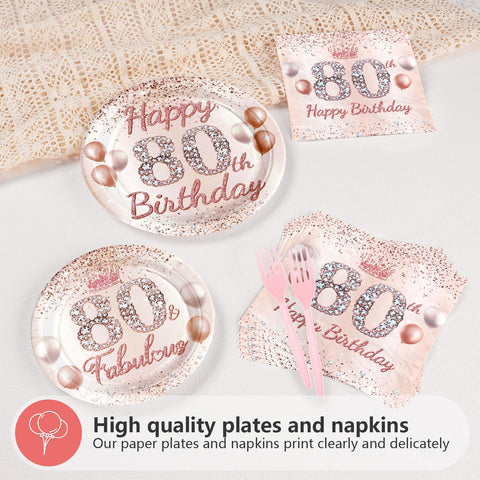 96 Pcs Rose Gold 80th Birthday Party Plates and Napkins - Grencian